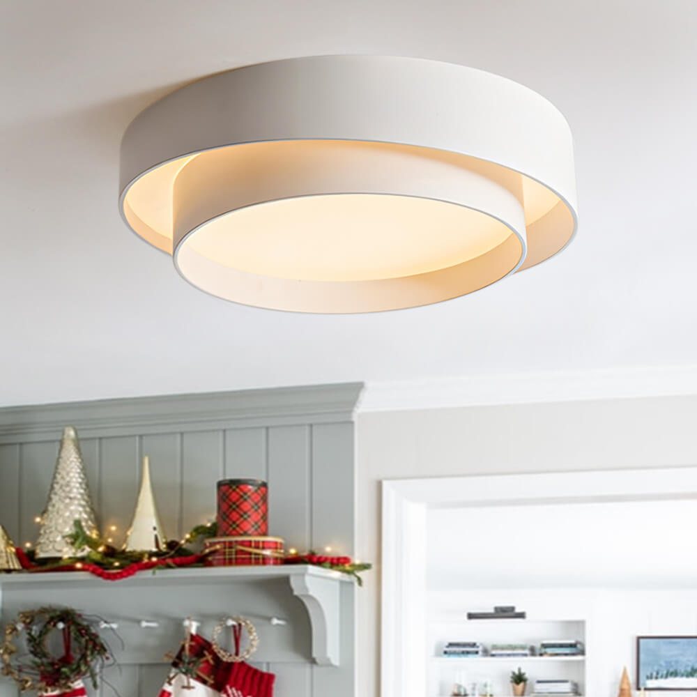 39cm Round LED Ceiling Lamp — Concentric Metal Rings, White Gray Black