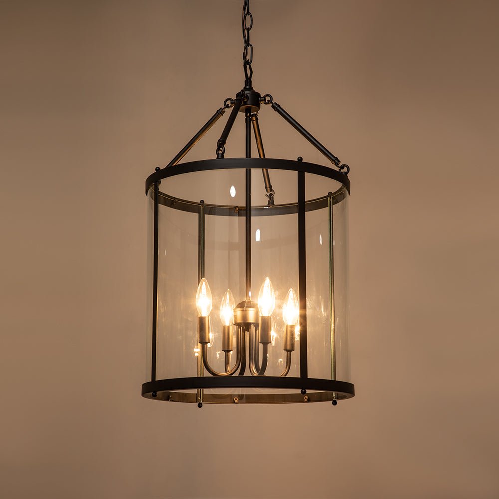 Lampă suspendată cu 4 becuri și abajururi cilindrice din sticlă, crom negru, 45cm, cu intensitate reglabilă