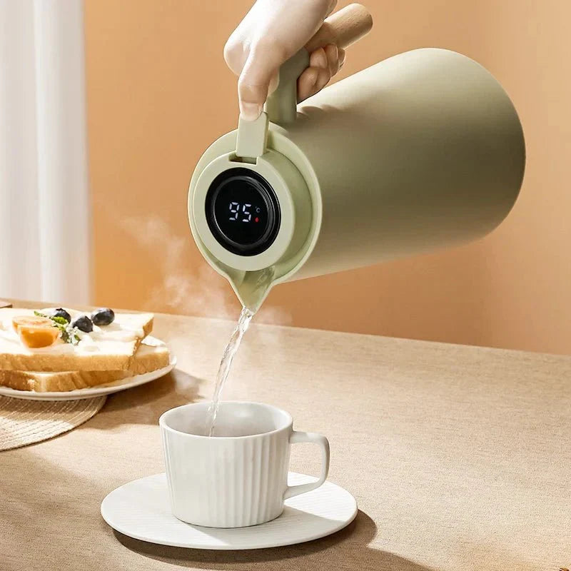 1-Liter Thermal Jug — Temp Display, Wooden Handle, Leakproof