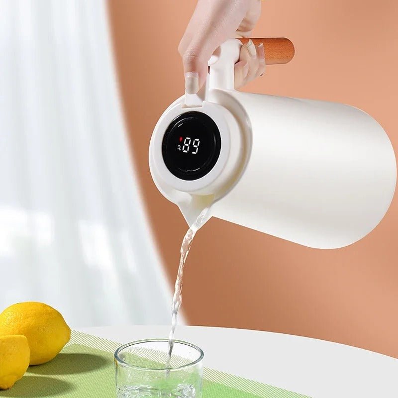 1-Liter Thermal Jug — Temp Display, Wooden Handle, Leakproof