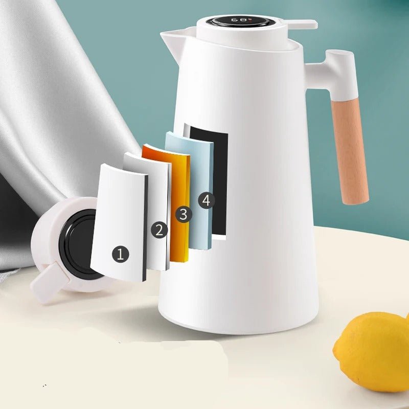 1-Liter Thermal Jug — Temp Display, Wooden Handle, Leakproof