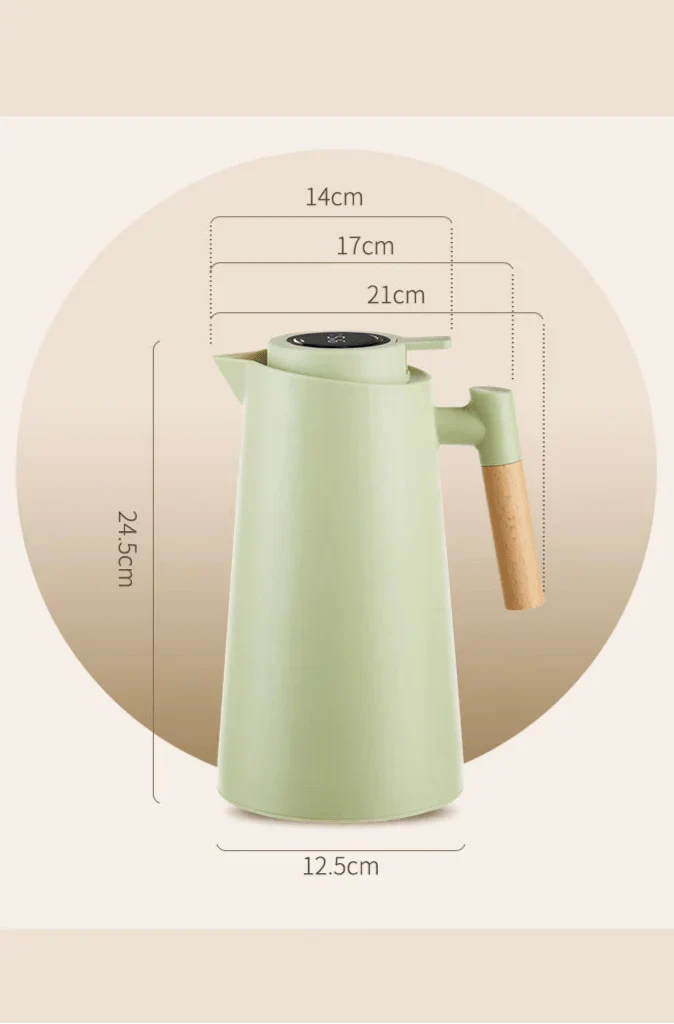 1-Liter Thermal Jug — Temp Display, Wooden Handle, Leakproof