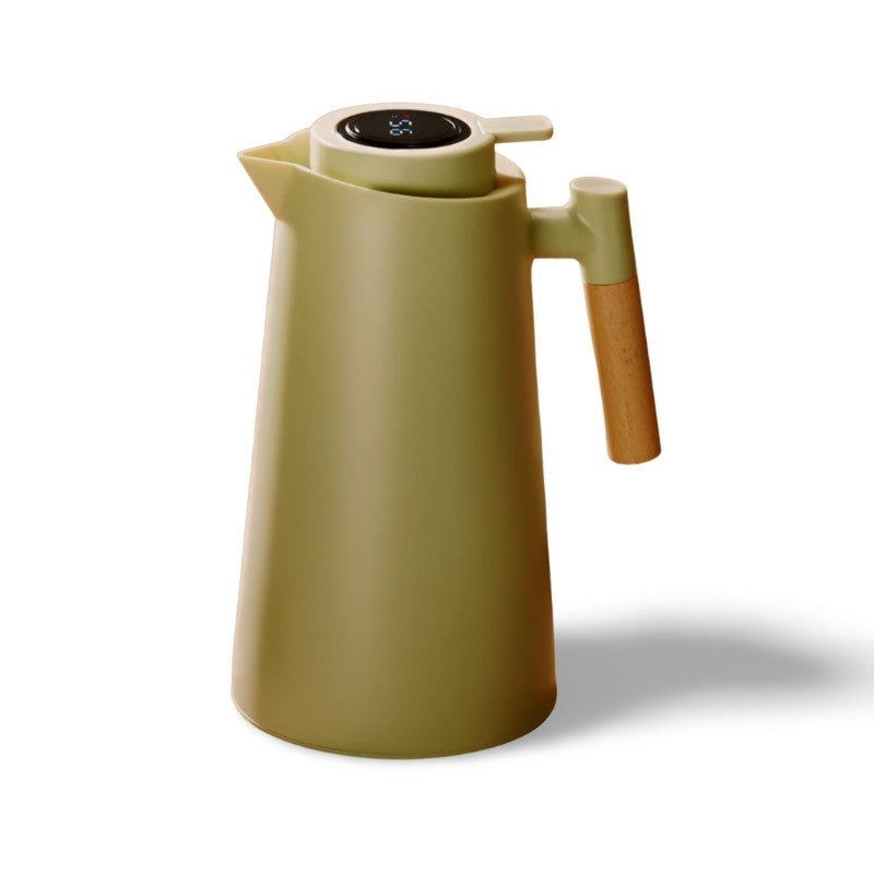1-Liter Thermal Jug — Temp Display, Wooden Handle, Leakproof