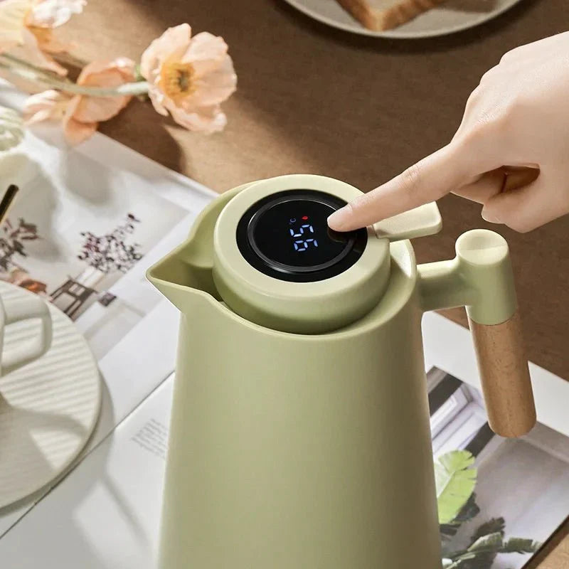 1-Liter Thermal Jug — Temp Display, Wooden Handle, Leakproof