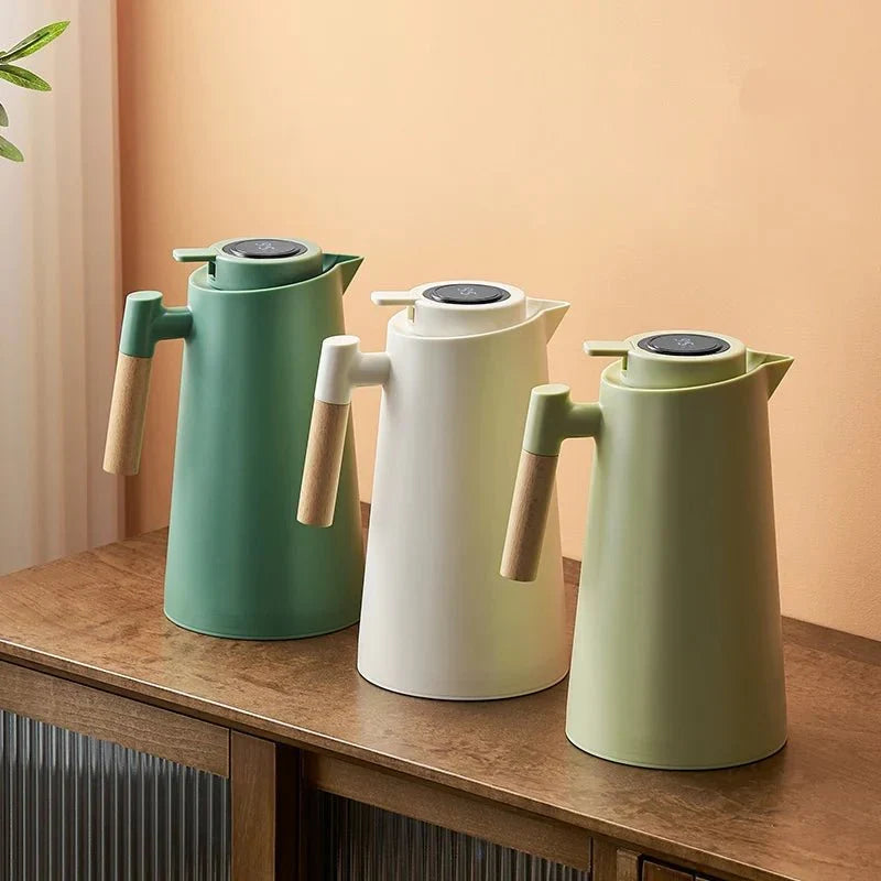 1-Liter Thermal Jug — Temp Display, Wooden Handle, Leakproof