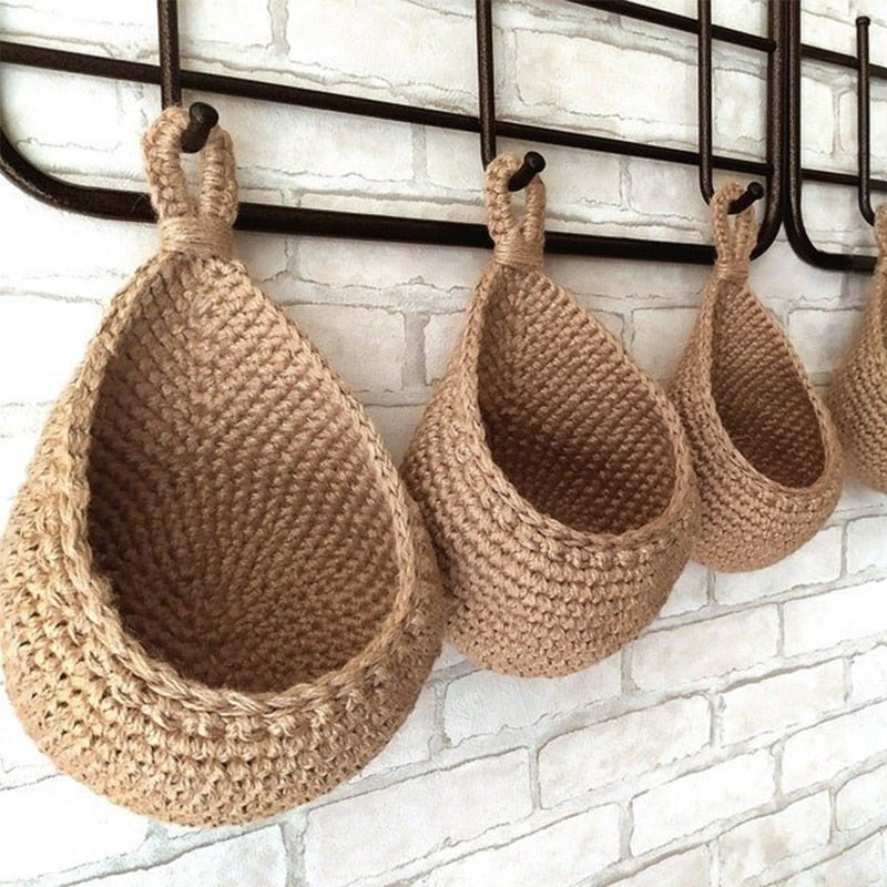Woven Hemp Rope Hanging Baskets – Handmade Boho Storage